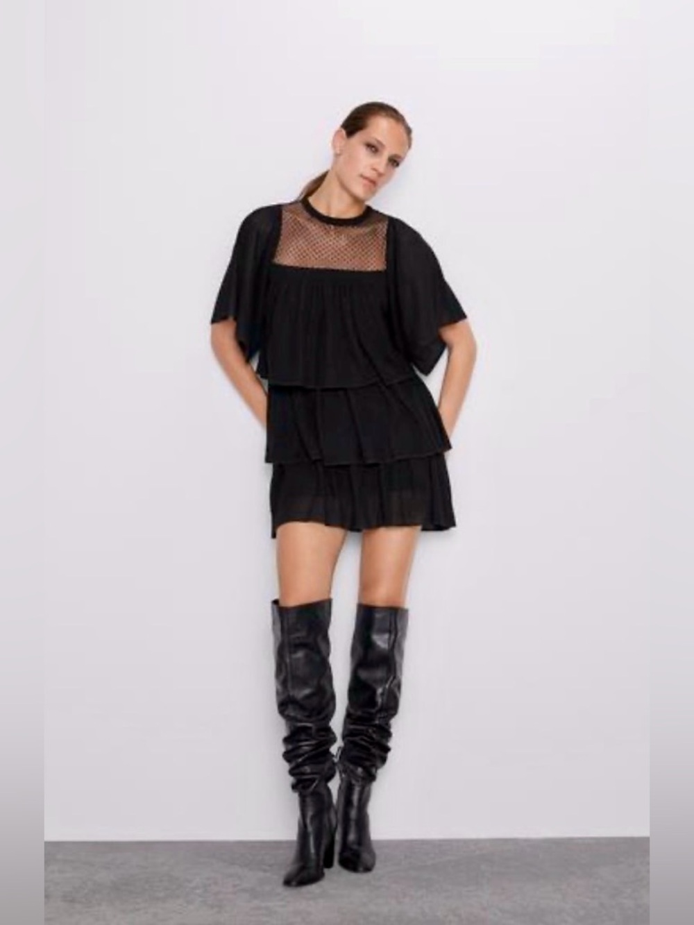 NWT Zara Black Sheer Tiered Ruffle Cape Sleeve Dress Size Large